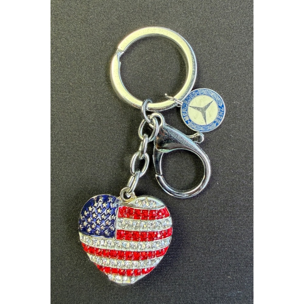 Mercedes-Benz Keychain US Flag Rhinestone Heart Charm Silver Patriotic Accessory